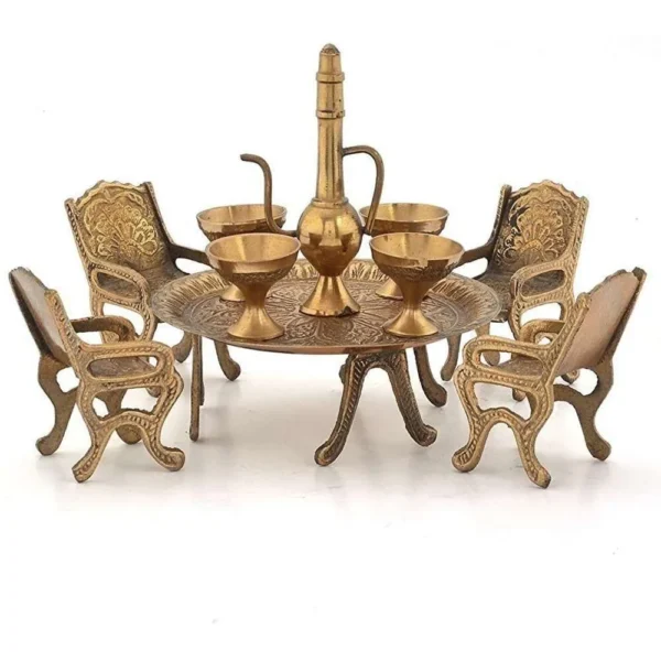 Handmade Brass Tea Set with Miniature Chairs - Artisan Crafted Decorative Serving Ensemble