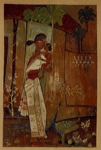 Vintage Handmade Indian Folk Art Painting - Woman with Peacock Scene